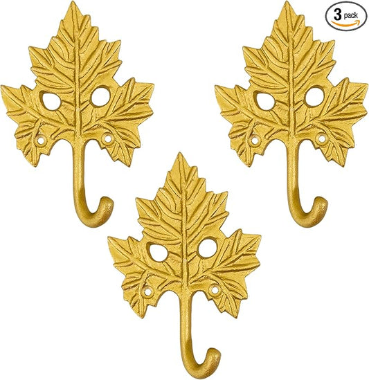 Set of 3 Cast Iron Maple Leaf Shape Coat Hooks Wall Art Decor-Maple Leaf Shape Hangers and Key Holder-Clothes Rack and Backpack Hanger-Coat Hooks Home Decor for Storage, Living Room, Hallway (Gold)