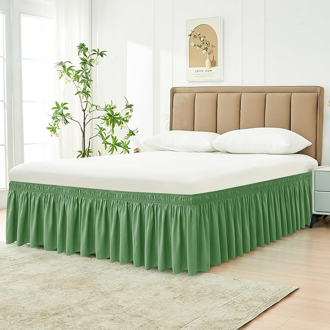 Biscaynebay Wrap Around Bed Skirts for King & Cal King Beds Short Drop of 12", Sage Adjustable Elastic Dust Ruffles Easy Fit Wrinkle Resistant Silky Luxurious Fabric Machine Washable