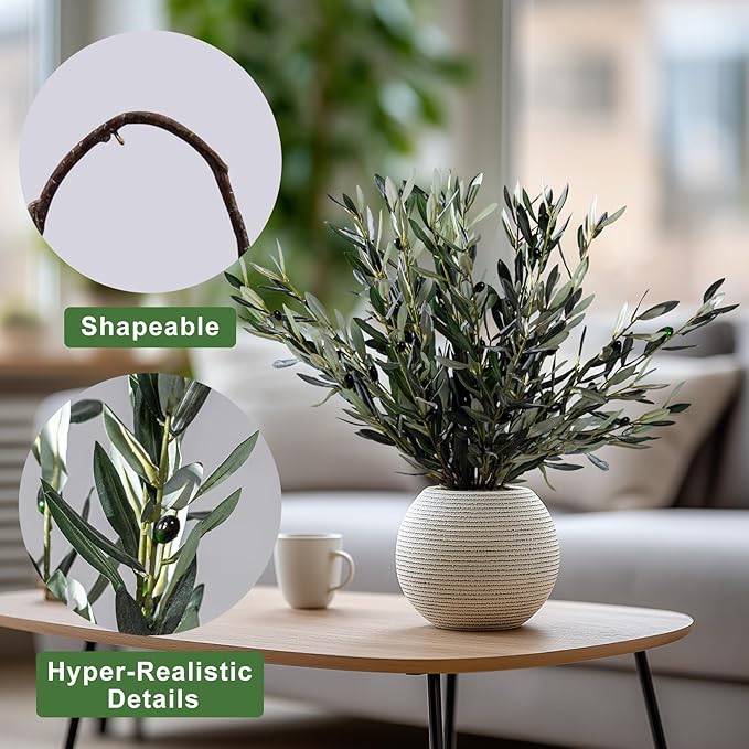 8PCS Premium Artificial Olive Branches for Vases - Realistic PU & Silk Faux Greenery Stems, 3 Sizes, Bendable Wire Stems, Low Maintenance Home/Office/Holiday Decor(No Vase