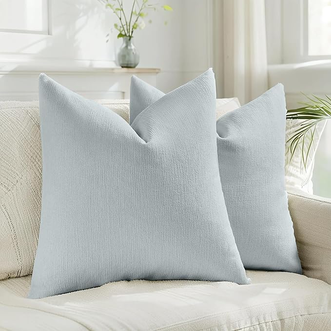 HAUSSY Dusty Blue Throw Pillow Covers 16x16 Inch Set of 2,Boho Decorative Faux Linen Throw Pillows Cozy Farmhouse Accent Cushion Covers,Home Decor for Couch Sofa Bed Living Room