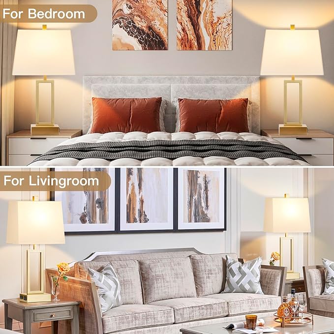Touch Control Table Lamps Set of 2, Modern Gold Bedside Lamps with USB A+C Ports & AC Outlet, 3 Way Dimmable Contemporary Nightstand Lamps for Bedroom Living Room(LED Bulb Included)