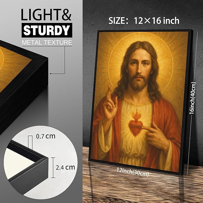 Framed Sacred Heart of Jesus Canvas Wall Art Divine Mercy Wall Decor Jesus Portrait Painting Christian Religious Artwork Catholic Poster Prints for Bedroom Living Room Prayer Room Church 12x16in