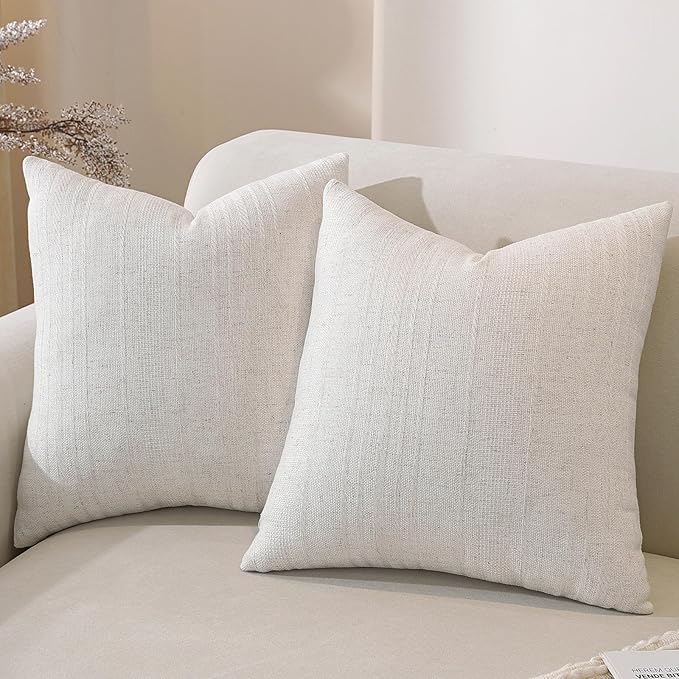 QDTTSRY Natural Linen Throw Pillow Covers Set of 2-18x18 Inch Rustic Striped Farmhouse Decor Pillowcase, Breathable & Soft Neutral Beige Linen Cushion Covers for Couch Sofa Bedroom Living Room