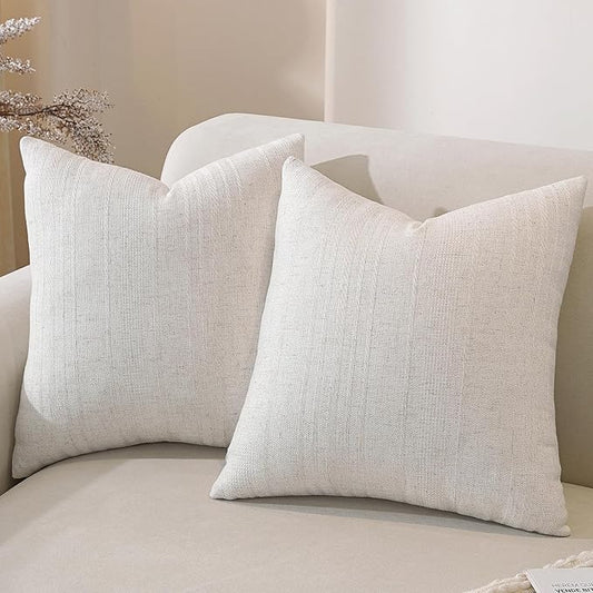 QDTTSRY Natural Linen Throw Pillow Covers Set of 2-20x20 Inch Rustic Striped Farmhouse Decor Pillowcase, Breathable & Soft Neutral Beige Linen Cushion Covers for Couch Sofa Bedroom Living Room