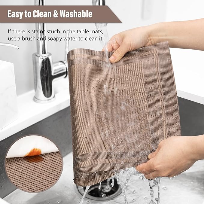 Winknowl Placemats Set of 8，Heat Resistant Woven Vinyl Washable PVC Place Mats，Non-Slip Stain Resistant Indoor/Outdoor Table Mats for Dining Table (Brown)