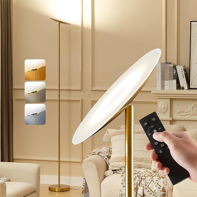 Slothology Skylight LED Floor Lamp, 3200LM, 71" Modern Torchiere in Golden Brass, Stepless Dimming, Remote & Touch Control, Bright Light for Living Room or Bedroom, Weighted Base