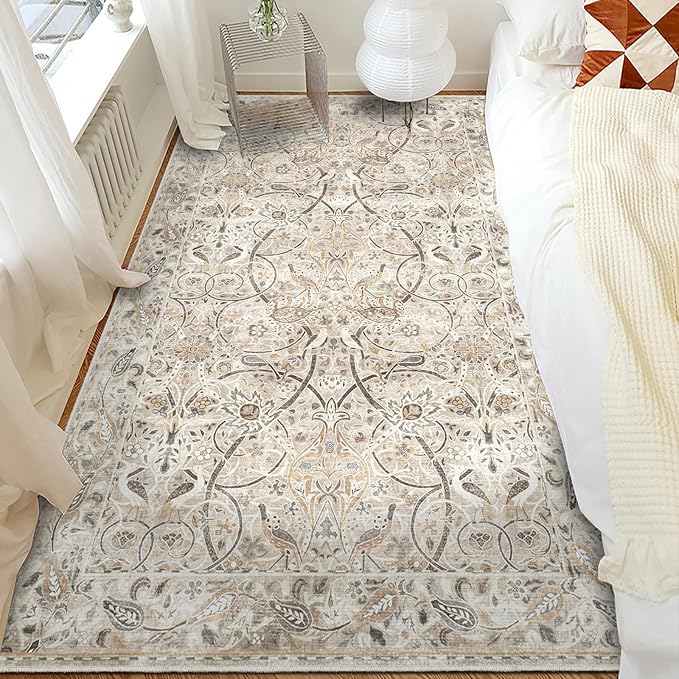 Fortsea 5x7 Beige Vintage Area Rug, Machine Washable Non Skid Low Pile Carpet for Bedroom & Dining (5x7, Beige)