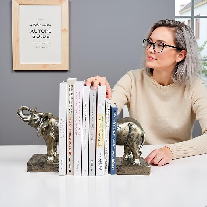 Elephant Bookends Set of 2 – Vintage Resin Animal Sculpture Book Stoppers, Heavy Duty Decorative Book Ends for Home Office Bookshelf