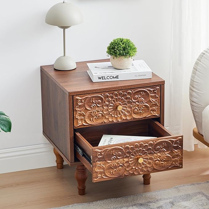 Nightstand, Farmhouse Bedside Table with 2 Drawers and Metal Handles, Wood Sofa Side Table End Table Accent Dresser for Bedroom, Living Room (Walnut) (15.75 x 16.02 x 18.15 Inch)