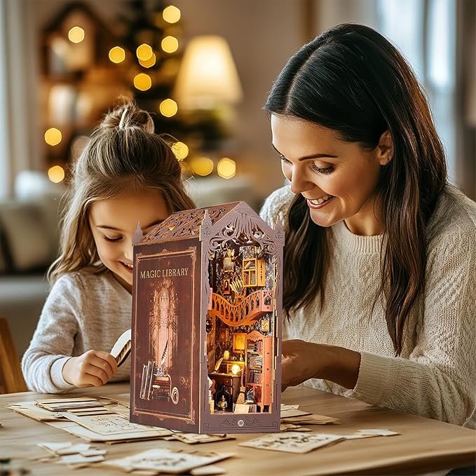 suruim DIY Book Nook Kit Bookend Puzzle Miniature Nook Library Bookshelf Insert Bookends Decoration Books Ornaments Gifts for Adults(Magic House-2)
