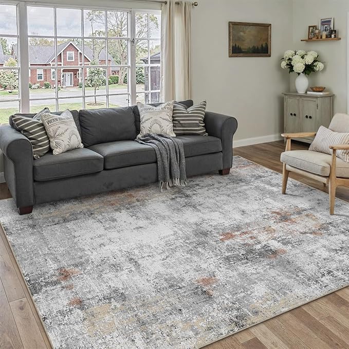 WondRg 6x9 Washable Area Rug Grey Rust Abstract Living Room Bedroom Carpet Neutral Modern Non-Slip Soft Low Pile Lightweight Vacuumable Throw Rug for Dining Room Kitchen