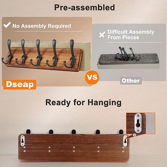 Dseap Coat Rack Wall Mount - Heavy-Duty Robust Barnwood-Style Wooden Wall Coat Hanger Hook Rail with 5 Triple Hooks for Winter Coats Hat Jacket Clothing, Weathered Blue & Black