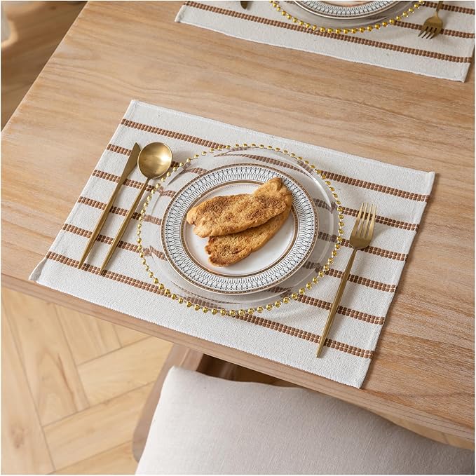 Caflife Boho Farmhouse Placemats Set of 6, Brown Stripes Cotton Linen Woven Table Mats for Modern Dining Table, 13x19 Inch Rustic Kitchen Decor Place Mats