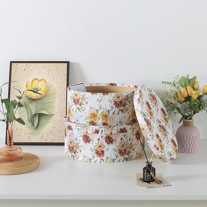 Soul & Lane Large Oval Cardboard Decorative Storage Boxes with Lids - Autumnal Elegance, Set of 2, Nesting Cardboard Storage for Flowers and Gifts, Memory Boxes for Keepsakes and Organizing