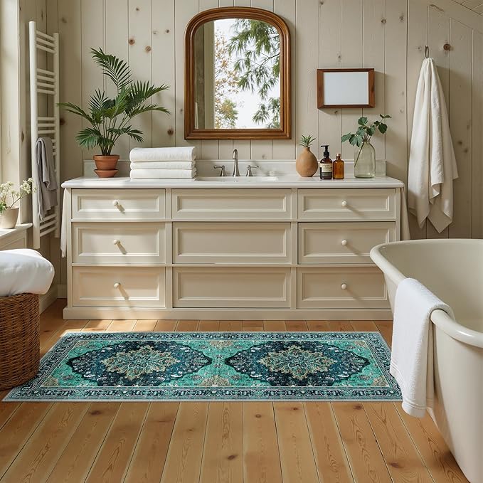 RELEANY Area Rugs 2'x5' Washable Non-Slip, Floral Vintage Distress Print Pattern Medallion Carpet for Living Room Bedroom Dining Room, Teal Green Lake Blue Turquoise