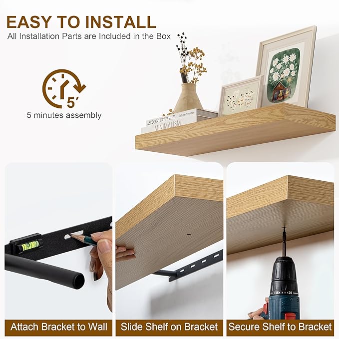 Fun Memories Floating Shelves for Wall, 48Inch Floating Shelves Set of 2, Hanging Shelf with Invisible Brackets, Wood Shelves for Living Room, Bedroom, Kitchen, Oak