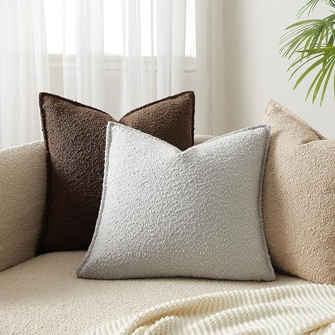 JUSPURBET 24x24 Throw Pillow Covers Set of 2 Decorative Pillow Covers for Couch Sofa Bed Cozy Boucle Textured Cushion Covers Cases with Invisible Zipper for Living Room Home Decor,Silver Grey