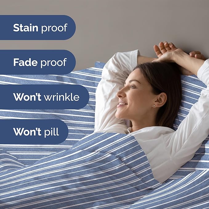 Duvet Cover King Size Set - Extra Soft King Size Duvet Cover 104 x 90 with 2 Pillow Shams - Hotel Luxury Easy Care and Fade Free w/Zipper Closures & Ties - Comfy Breathable Bedding Set (Blue Stripes)