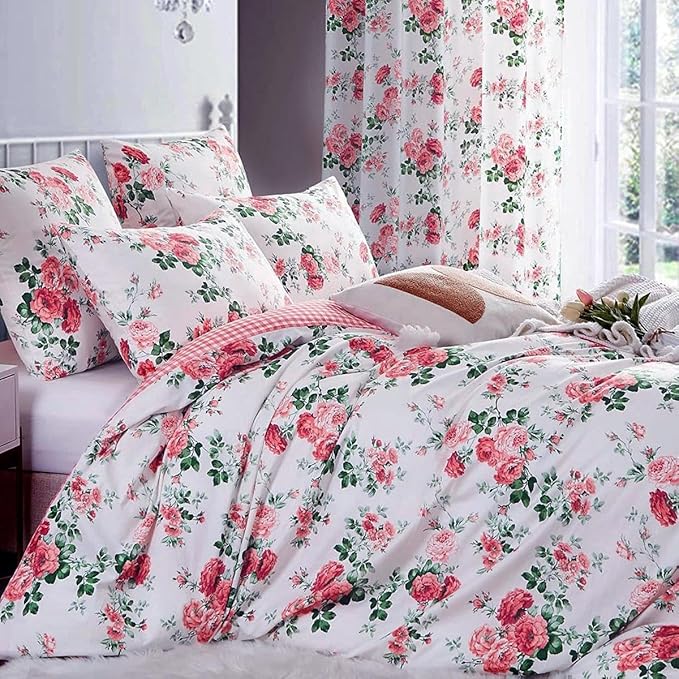 Rose Flower Duvet Cover Full Size Pink Floral Plaid Grid Duvet Cover 100% Microfiber Girls Flower Comforter Cover with Zipper Closure Vintage Country Bedding Botanical Floral Comforter Cover Full