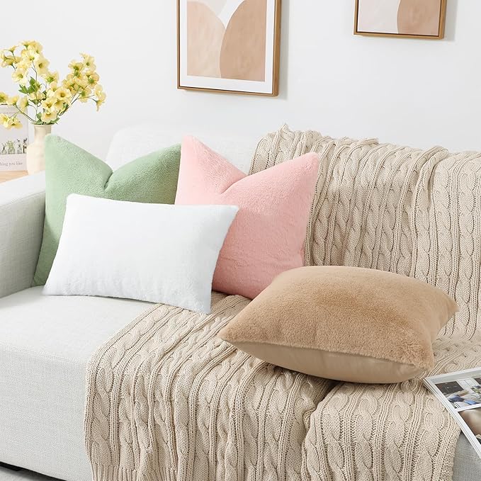 Pallene Faux Fur Plush Spring Throw Pillow Covers 26x26 Set of 2, Soft Fluffy Couch Pillow Covers for Living Room, White