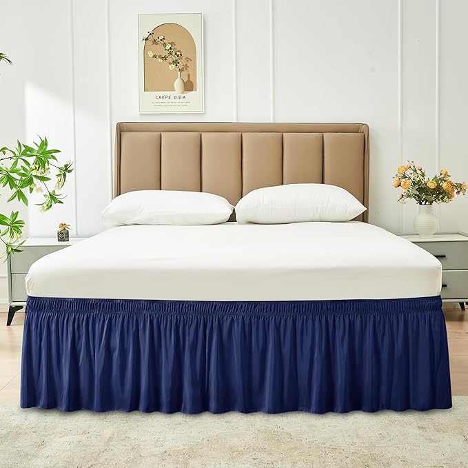 Biscaynebay Wrap Around Bed Skirts for Full & Full XL Beds 17" Long Drop, Navy Adjustable Elastic Dust Ruffles Easy Fit Wrinkle & Fade Resistant Silky Luxurious Fabric Solid Machine Washable