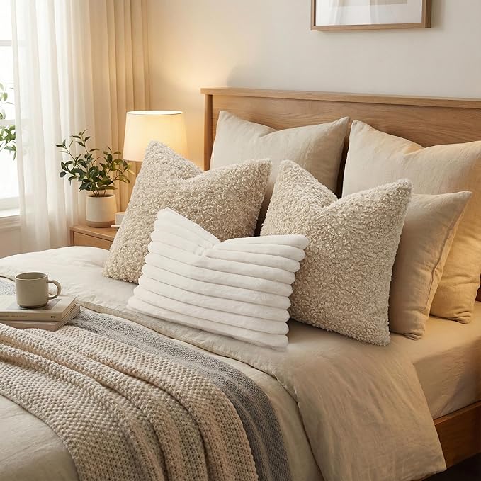 decorUhome Pack of 2 Throw Pillow Covers 22x22 Inch, Faux Fur Decorative Sherpa Pillow Covers Fuzzy Accent Soft Sheepskin Fleece Pillow Cases for Couch Living Room Bed, Neutral Oatmeal