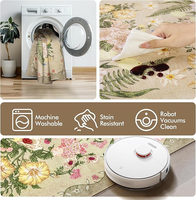 AREAMAY Floral Washable 5x7 Area Rugs - Living Room Rug Non Slip Low Pile Stain Resistant Carpets Indoor Vintage Flower Print Rug for Bedroom Dining Room Kitchen Home Office, Brown