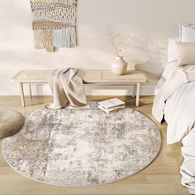 WondRg 4x4 Washable Round Rug Brown Grey Abstract Entryway Area Rug Neutral Modern Non Slip Soft Low Pile Carpet for Bathroom Kitchen Living Room Bedroom Entrance
