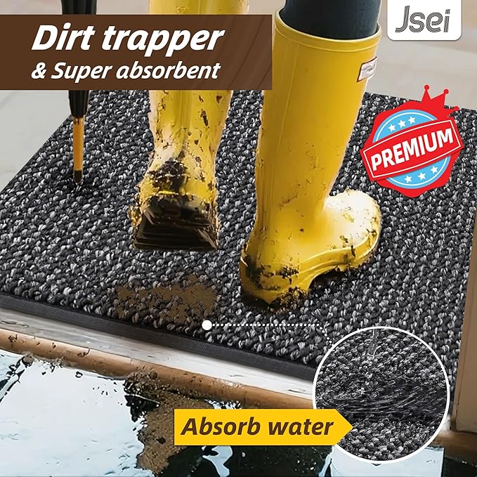 JSEI Dirt Trapper Door Mat 20"x32" Non-Slip Washable Entrance Mat, Dog Doormats, Absorbent & Fade-Resistant Floor Mats, Low Profile Welcome Mats for Entryway, Front Door, and Inside Entrance, Charcoal