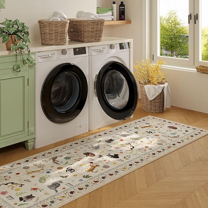 Rugcomf Runners for Kitchen Runner Rug Non Slip 2'x10' Long Washable Rugs with Rubber Backing Soft Floral Animal Cat Carpet Runner for Kitchen Laundry Bedroom Bathroom, Beige