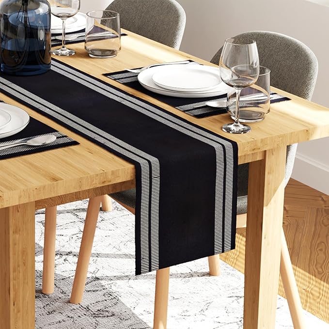 Encasa XO Table Runner and Placemats Set 6 | Fine Ribbed Cotton | Ladder Black | 1 Table Runner Size 13"x72" & Each Table Mat Size 19x13 Inch