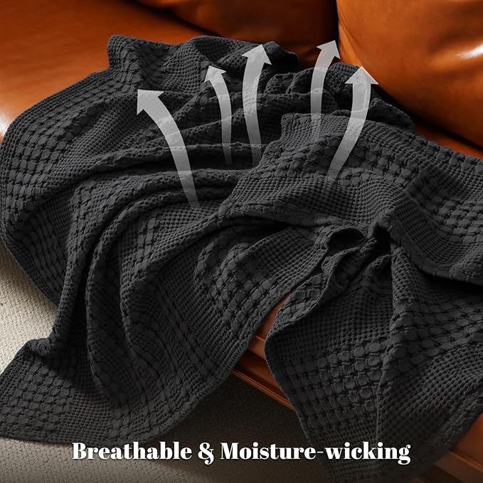 PHF 100% Cotton Waffle Weave Blanket Twin Size for Bed, Soft Lightweight & Breathable, All-Season Comfort, 300 GSM Luxury Aesthetic Blanket for Home Decor, 66"x90", Black
