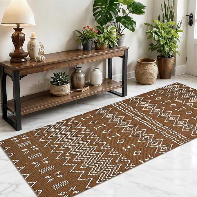 winolive Kitchen Runner Rug,Kitchen Mats for Floor,Braided Rugs Non Slip Washable,20"x48" Boho Style,Brown and White Faux Jute Rug with Anti-Skid TPR Backing for Entryway,Bathroom,Kitchen,Bedroom