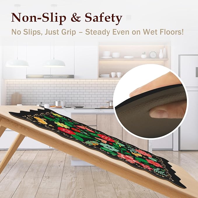 Scalloped Black Kitchen Mats for Floor 2PC Cushioned Anti Fatigue Kitchen Mats Rugs Waterproof Non Slip Boho Floral Comfort Foam Standing Mat for Sink Laundry,17.3x30+17.3x59