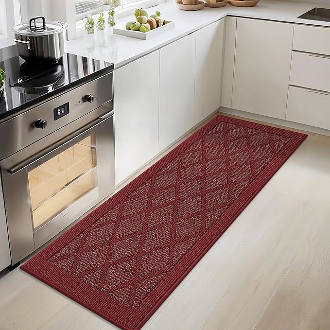 COSY HOMEER Kitchen Rug Non Slip Washable, 20"x48" Absorbent Kitchen Mats for Floor, Runner Rugs for Kitchen Floor, 100% Polypropylene Kitchen Sink Rug (Red)