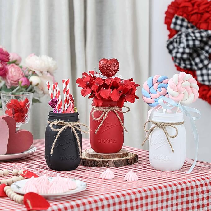 Valentines Table Decor, Valentines Mason Jar Centerpiece for Table with Wood Tray, Black Painted Decorative Mason Jars for Valentine‘s Decorations Kitchen Decor, Mothers Day Gift for Women