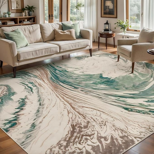 Ciicool Abstract Swirl Area Rug Indoor, 5x7 Washable Entryway Rug, Modern Soft Throw Entry Rug with Non-Slip Backing for Bedroom Living Room Entrance Kitchen, Low-Pile Floor Carpet Doormat Green