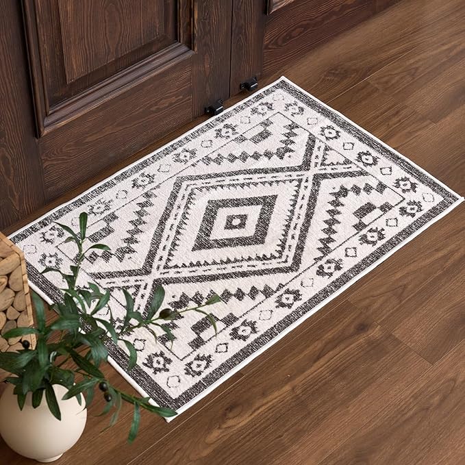 RAMEFILD Moroccan Washable Entryway Rug 2x3, Geometric Decorative Woven Area Rug, Non-Slip Boho Accent Soft Low-Pile Indoor Door Mat, Small Throw Rug for Bathroom Front Porch, Dark Brown/White
