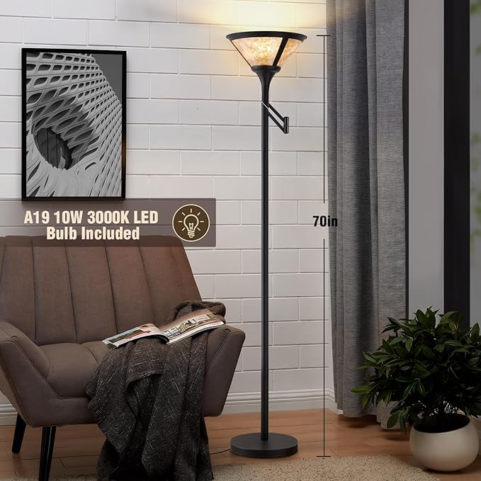 EJIAXIN Floor Lamps for Living Room - 70" Black Torchiere Standing Floor Lamp with White Mica Shade - Tall Corner Lamp Decor for Bedroom with Adjustable Swing Arm LED Reading Light for Home Office