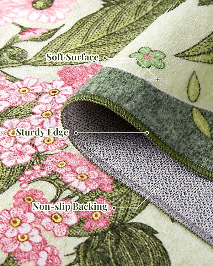 AREAMAY Floral Washable 5x7 Area Rugs - Living Room Rug Non Slip Low Pile Stain Resistant Carpets Indoor Vintage Flower Print Rug for Bedroom Dining Room Kitchen Home Office Green