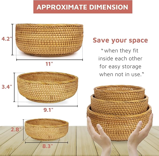 CLAYNIX Woven Fruit Basket For Holder Bowl Decorative Bread Vegetable, Serving Bowl Set of 3 For Organizing Kitchen Natural Rattan Picnic Basket Round Stackable (Natural)