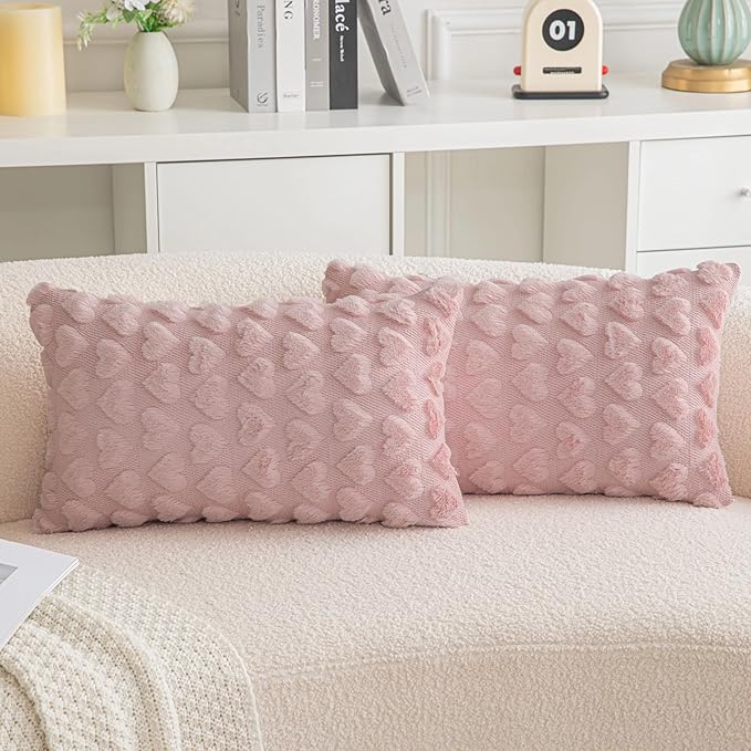 AQOTHES Set of 2 Heart Love Cute Dark Pink Decorative Valentines Throw Pillow Covers 12x20, Soft Plush Faux Fur Pillow Covers for Couch Sofa Home Valentines Day Decoration