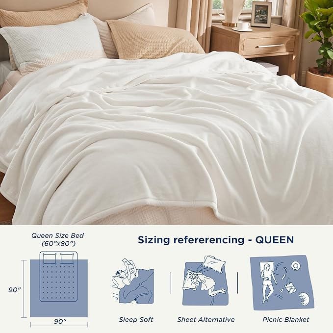 Bedsur Fleece Blankets Queen Size for Bed - GentleSoft Warm, Cozy, Soft & Thick Blanket for Winter, Heavy 500Gsm Anti-Static Design, Ideal for Couch & Sofa, Cream, 90x90 Inch