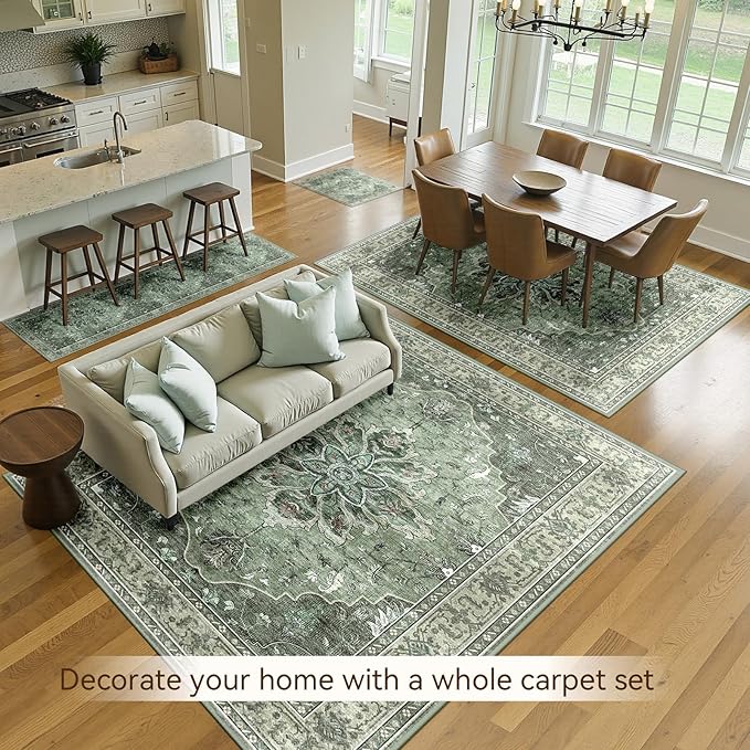 RELEANY Area Rugs 4'x6' Washable Non-Slip, Floral Vintage Distress Print Pattern Medallion Carpet for Living Room Bedroom Dining Room, Dark Green Gray