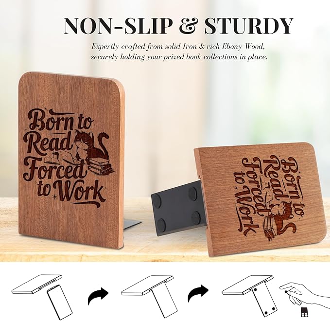 Book Lovers Gifts, Novelty Bookends Unique, Gifts for Book Lovers, Heavy Duty Wooden Book Ends for Shelves Decorative(1 Pair, 4.72x6.69 Inches) - Born to Read