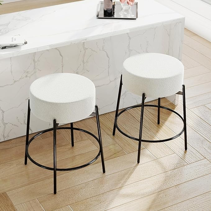 SoarFlash Modern Rotatable Bar Stools Set of 2, 24" Sherpa Swivel Counter Height Stools with Round Soft Padded Boucle Backless Seat, Black