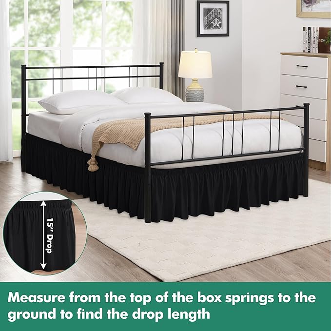 Biscaynebay Wrap Around Bed Skirts with Split Corners for Full Beds 15" Drop, Black Adjustable Elastic Dust Ruffles Easy Fit Wrinkle Resistant Silky Luxurious Fabric Machine Washable