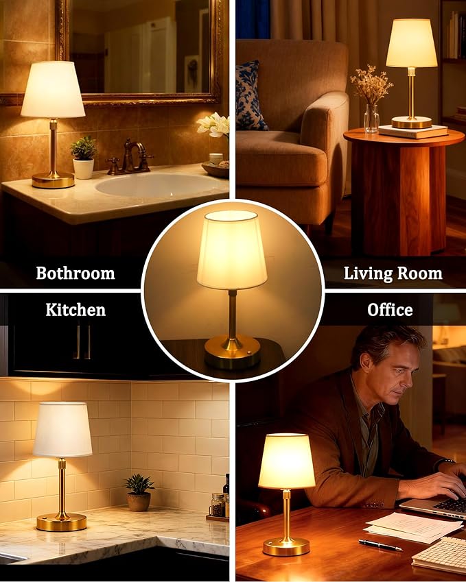 Small Cordless Lamp, Dimmable Rechargeable Table Lamp, 5400mAh Battery Operated, Portable Gold Touch Desk Lamp for Bedside, Kitchen, Counter, White Fabric Shade, E14 2700K Bulb Included