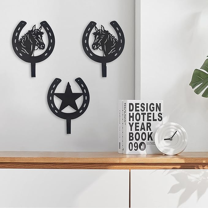 3PCS Horse Star Rustic Ranch Horse Head Hook Coat Hooks, Key Hooks