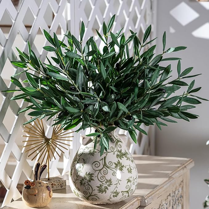 8PCS Premium Artificial Olive Branches for Vases - Realistic PU & Silk Faux Greenery Stems, 3 Sizes, Bendable Wire Stems, Low Maintenance Home/Office/Holiday Decor(No Vase
